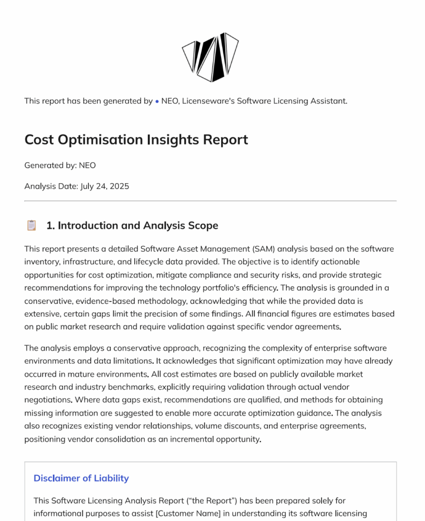 The first page of a NEO executive report: four headline metrics above the findings